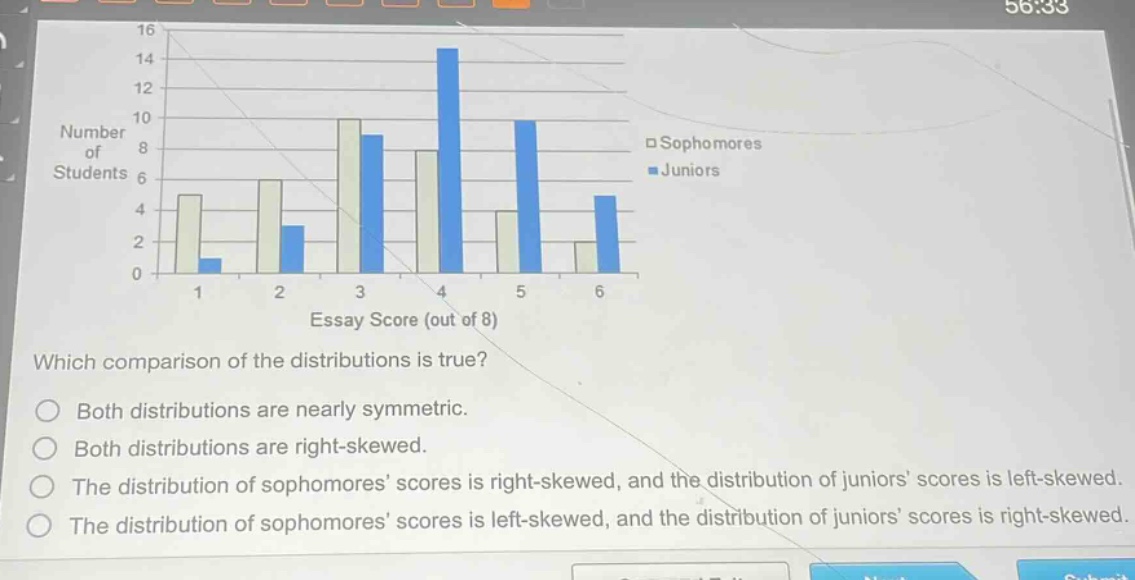 which comparison of the distributions is true?\nboth distributions are nearly symmetric.\nboth distributions are right - skewed.\nthe distribution of sophomores’ scores is right - skewed, and the distribution of juniors’ scores is left - skewed.\nthe distribution of sophomores’ scores is left - skewed, and the distribution of juniors’ scores is right - skewed.