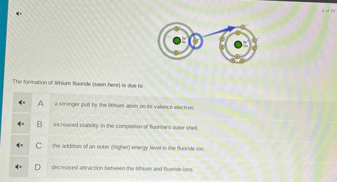 the formation of lithium fluoride (seen here) is due to\na a stronger pull by the lithium atom on its valence electron.\nb increased stability in the completion of fluorines outer shell.\nc the addition of an outer (higher) energy level in the fluoride ion.\nd decreased attraction between the lithium and fluoride ions.