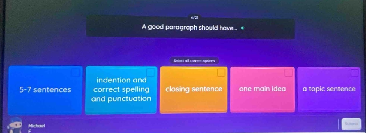 a good paragraph should have... select all correct options 5 - 7 sentences indentation and correct spelling and punctuation closing sentence one main idea a topic sentence