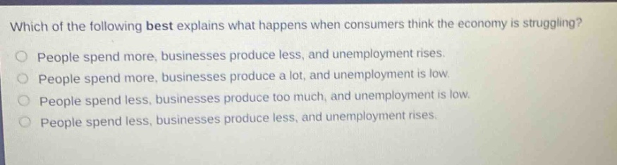 which of the following best explains what happens when consumers think the economy is struggling?\npeople spend more, businesses produce less, and unemployment rises.\npeople spend more, businesses produce a lot, and unemployment is low.\npeople spend less, businesses produce too much, and unemployment is low.\npeople spend less, businesses produce less, and unemployment rises.