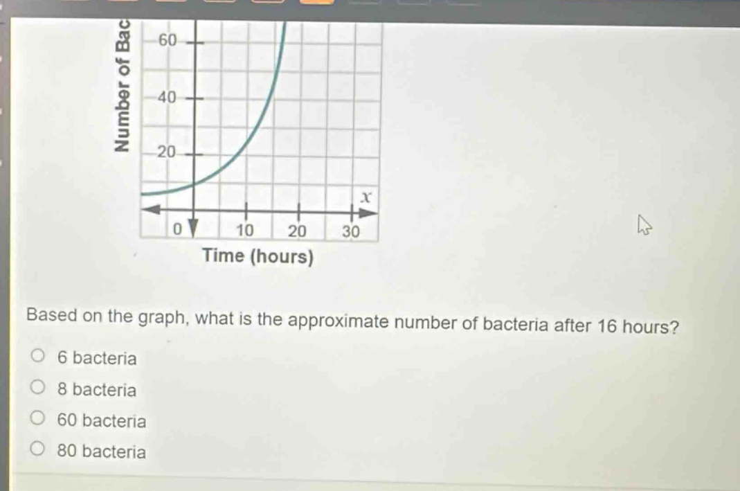 based on the graph, what is the approximate number of bacteria after 16 hours?\n6 bacteria\n8 bacteria\n60 bacteria\n80 bacteria