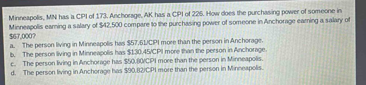 minneapolis, mn has a cpi of 173. anchorage, ak has a cpi of 226. how does the purchasing power of someone in minneapolis earning a salary of $42,500 compare to the purchasing power of someone in anchorage earning a salary of $67,000?\na. the person living in minneapolis has $57.61/cpi more than the person in anchorage.\nb. the person living in minneapolis has $130.45/cpi more than the person in anchorage.\nc. the person living in anchorage has $50.80/cpi more than the person in minneapolis.\nd. the person living in anchorage has $90.82/cpi more than the person in minneapolis.