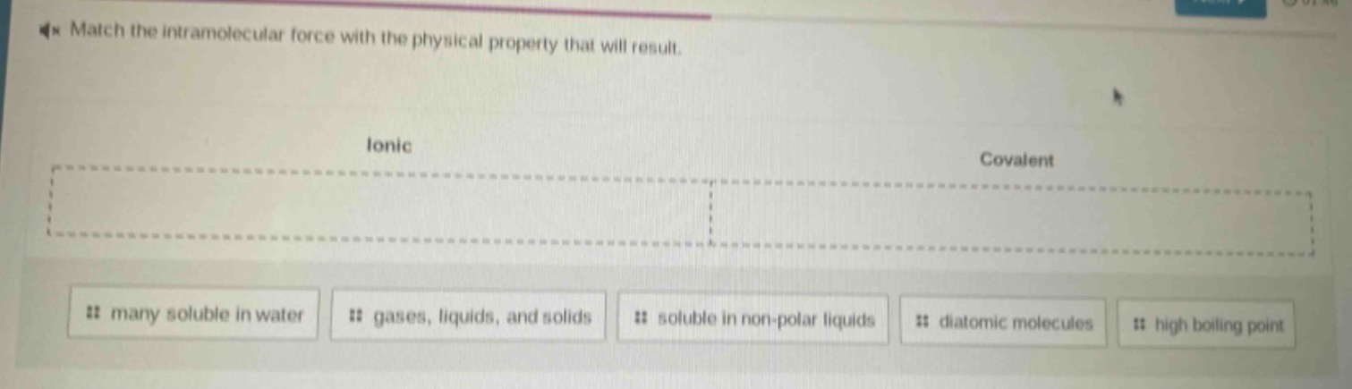match the intramolecular force with the physical property that will result. ionic covalent many soluble in water gases, liquids, and solids soluble in non - polar liquids diatomic molecules high boiling point