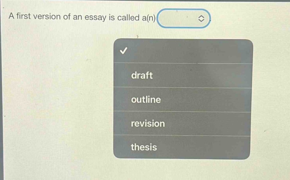 a first version of an essay is called a(n)\n draft\n outline\n revision\n thesis