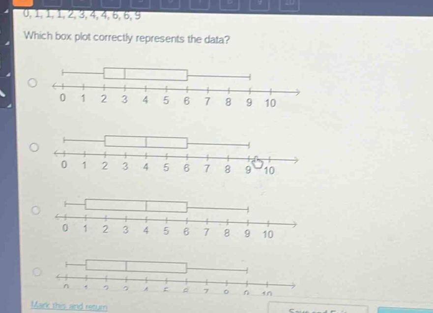 0,1,1,1,2,3,4,4,6,6,9\nwhich box - plot correctly represents the data?