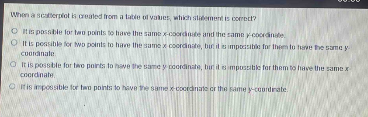when a scatterplot is created from a table of values, which statement is correct?\no it is possible for two points to have the same x - coordinate and the same y - coordinate.\no it is possible for two points to have the same x - coordinate, but it is impossible for them to have the same y - coordinate.\no it is possible for two points to have the same y - coordinate, but it is impossible for them to have the same x - coordinate.\no it is impossible for two points to have the same x - coordinate or the same y - coordinate.