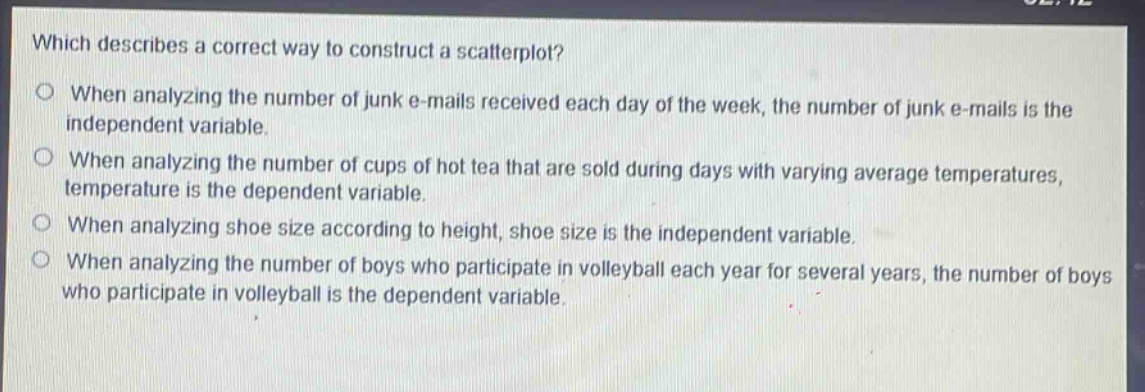 which describes a correct way to construct a scatterplot?\nwhen analyzing the number of junk e - mails received each day of the week, the number of junk e - mails is the independent variable.\nwhen analyzing the number of cups of hot tea that are sold during days with varying average temperatures, temperature is the dependent variable.\nwhen analyzing shoe size according to height, shoe size is the independent variable.\nwhen analyzing the number of boys who participate in volleyball each year for several years, the number of boys who participate in volleyball is the dependent variable.