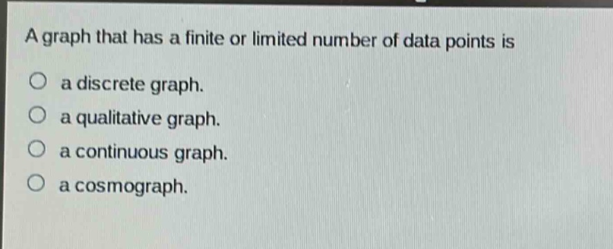 a graph that has a finite or limited number of data points is\na discrete graph.\na qualitative graph.\na continuous graph.\na cosmograph.