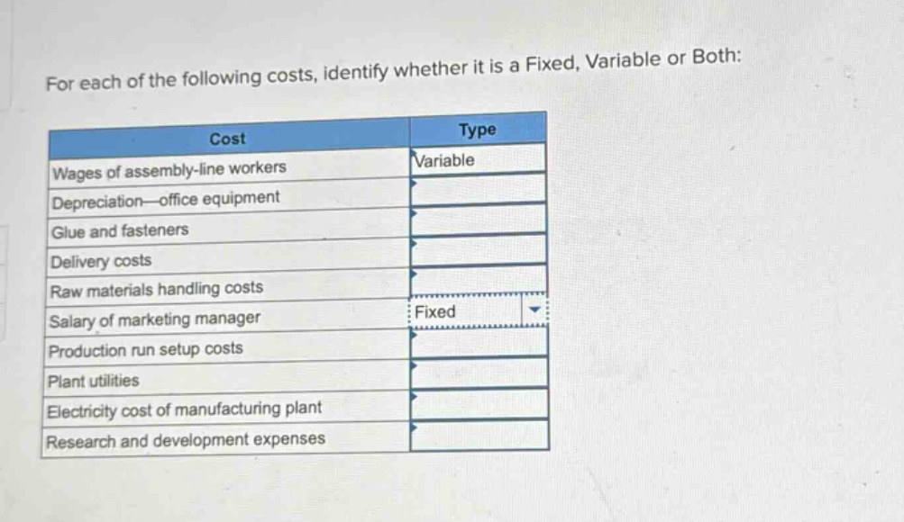 for each of the following costs, identify whether it is a fixed, variable or both:\n| cost | type |\n|--|--|--|\n| wages of assembly - line workers | variable |\n| depreciation—office equipment | |\n| glue and fasteners | |\n| delivery costs | |\n| raw materials handling costs | |\n| salary of marketing manager | fixed |\n| production run setup costs | |\n| plant utilities | |\n| electricity cost of manufacturing plant | |\n| research and development expenses | |