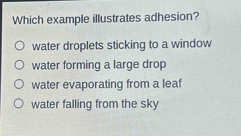 which example illustrates adhesion?\no water droplets sticking to a window\no water forming a large drop\no water evaporating from a leaf\no water falling from the sky