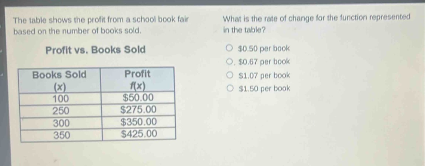 the table shows the profit from a school book fair based on the number of books sold.\nprofit vs. books sold\n| books sold (x) | profit f(x) |\n| ---- | ---- |\n| 100 | $50.00 |\n| 250 | $275.00 |\n| 300 | $350.00 |\n| 350 | $425.00 |\nwhat is the rate of change for the function represented in the table?\n○ $0.50 per book\n○ $0.67 per book\n○ $1.07 per book\n○ $1.50 per book
