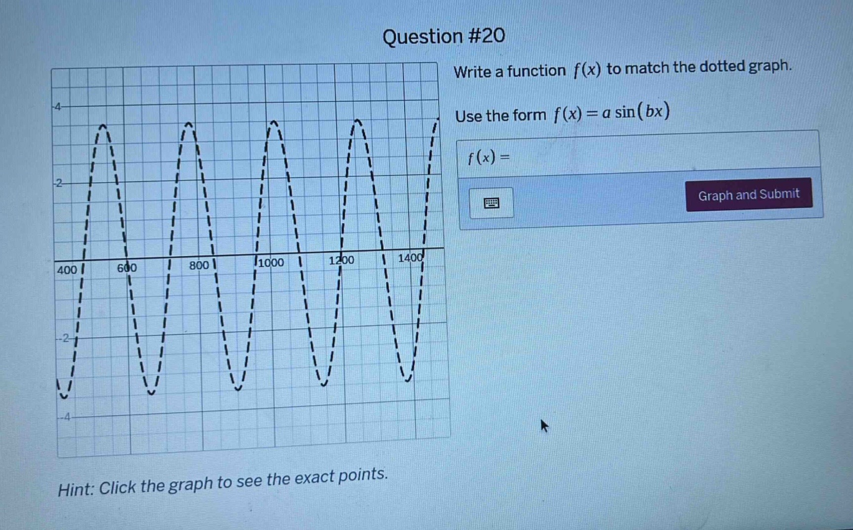 question #20 write a function f(x) to match the dotted graph. use the form f(x)=a sin(bx) f(x)= graph and submit hint: click the graph to see the exact points.