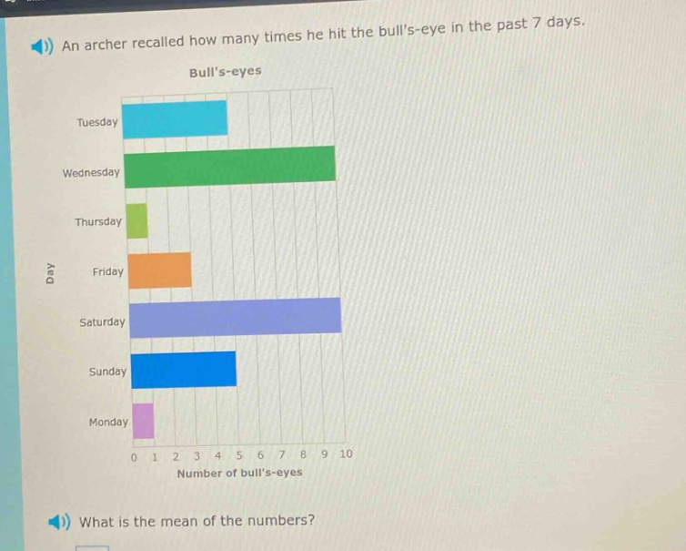an archer recalled how many times he hit the bulls - eye in the past 7 days. what is the mean of the numbers?