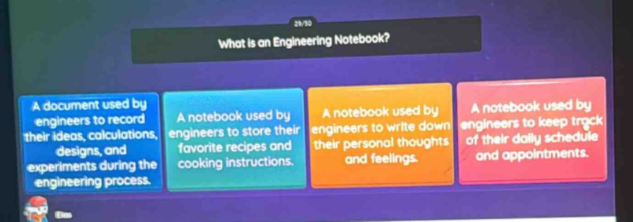 what is an engineering notebook? a document used by engineers to record their ideas, calculations, designs, and experiments during the engineering process. a notebook used by engineers to store their favorite recipes and cooking instructions. a notebook used by engineers to write down their personal thoughts and feelings. a notebook used by engineers to keep track of their daily schedule and appointments.