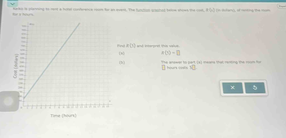 keiko is planning to rent a hotel conference room for an event. the function graphed below shows the cost, $r(x)$ (in dollars), of renting the room for $x$ hours. find $r(5)$ and interpret this value. (a) $r(5)=square$ (b) the answer to part (a) means that renting the room for $square$ hours costs $$ square$.