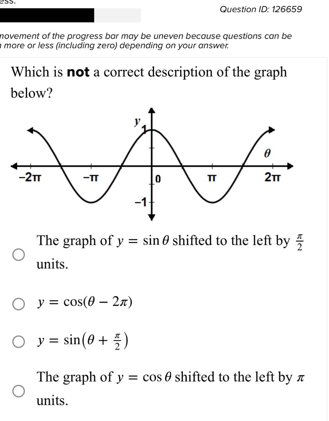 which is not a correct description of the graph below? the graph of y = sin θ shifted to the left by $\frac{pi}{2}$ units. y = cos(θ - 2π) y = sin(θ + $\frac{pi}{2}$) the graph of y = cos θ shifted to the left by π units.