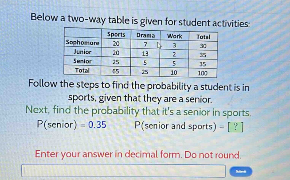 below a two - way table is given for student activities:\n| | sports | drama | work | total |\n|--|--|--|--|--|\n| sophomore | 20 | 7 | 3 | 30 |\n| junior | 20 | 13 | 2 | 35 |\n| senior | 25 | 5 | 5 | 35 |\n| total | 65 | 25 | 10 | 100 |\nfollow the steps to find the probability a student is in sports, given that they are a senior.\nnext, find the probability that its a senior in sports.\np(senior) = 0.35 p(senior and sports) = ?\nenter your answer in decimal form. do not round.