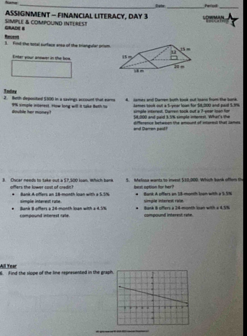 name: date: period: assignment - financial literacy, day 3 simple & compound interest grade 8 lowman education recent 1. find the total surface area of the triangular prism. enter your answer in the box. 15 m 15 m 12 20 m 18 m today 2. beth deposited $300 in a savings account that earns 9% simple interest. how long will it take beth to double her money? 4. james and darren both took out loans from the bank. james took out a 5 - year loan for $8,000 and paid 5.9% simple interest. darren took out a 7 - year loan for $8,000 and paid 3.5% simple interest. whats the difference between the amount of interest that james and darren paid? 3. oscar needs to take out a $7,500 loan. which bank offers the lower cost of credit? - bank a offers an 18 - month loan with a 5.5% simple interest rate. - bank b offers a 24 - month loan with a 4.5% compound interest rate. 5. melissa wants to invest $10,000. which bank offers the best option for her? - bank a offers an 18 - month loan with a 5.5% simple interest rate. - bank b offers a 24 - month loan with a 4.5% compound interest rate. all year 6. find the slope of the line represented in the graph.