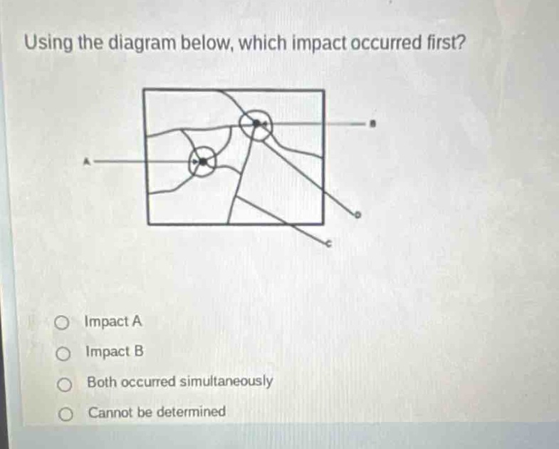 using the diagram below, which impact occurred first? impact a impact b both occurred simultaneously cannot be determined