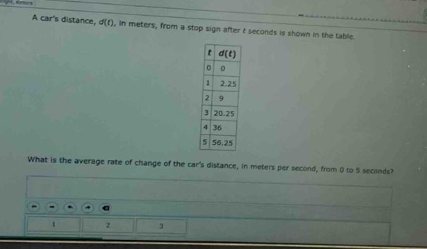 a cars distance, d(t), in meters, from a stop sign after t seconds is shown in the table.\n| t | d(t) |\n|----|----|\n| 0 | 0 |\n| 1 | 2.25 |\n| 2 | 9 |\n| 3 | 20.25 |\n| 4 | 36 |\n| 5 | 56.25 |\nwhat is the average rate of change of the cars distance, in meters per second, from 0 to 5 seconds?