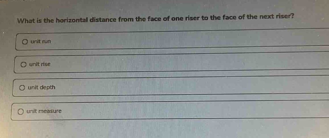 what is the horizontal distance from the face of one riser to the face of the next riser?\no unit run\no unit rise\no unit depth\no unit measure