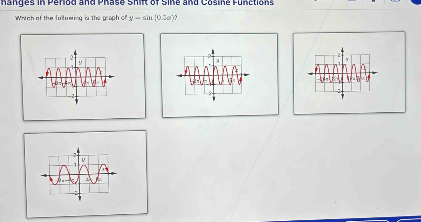 changes in period and phase shift of sine and cosine functions\nwhich of the following is the graph of $y = \\sin(0.5x)$?
