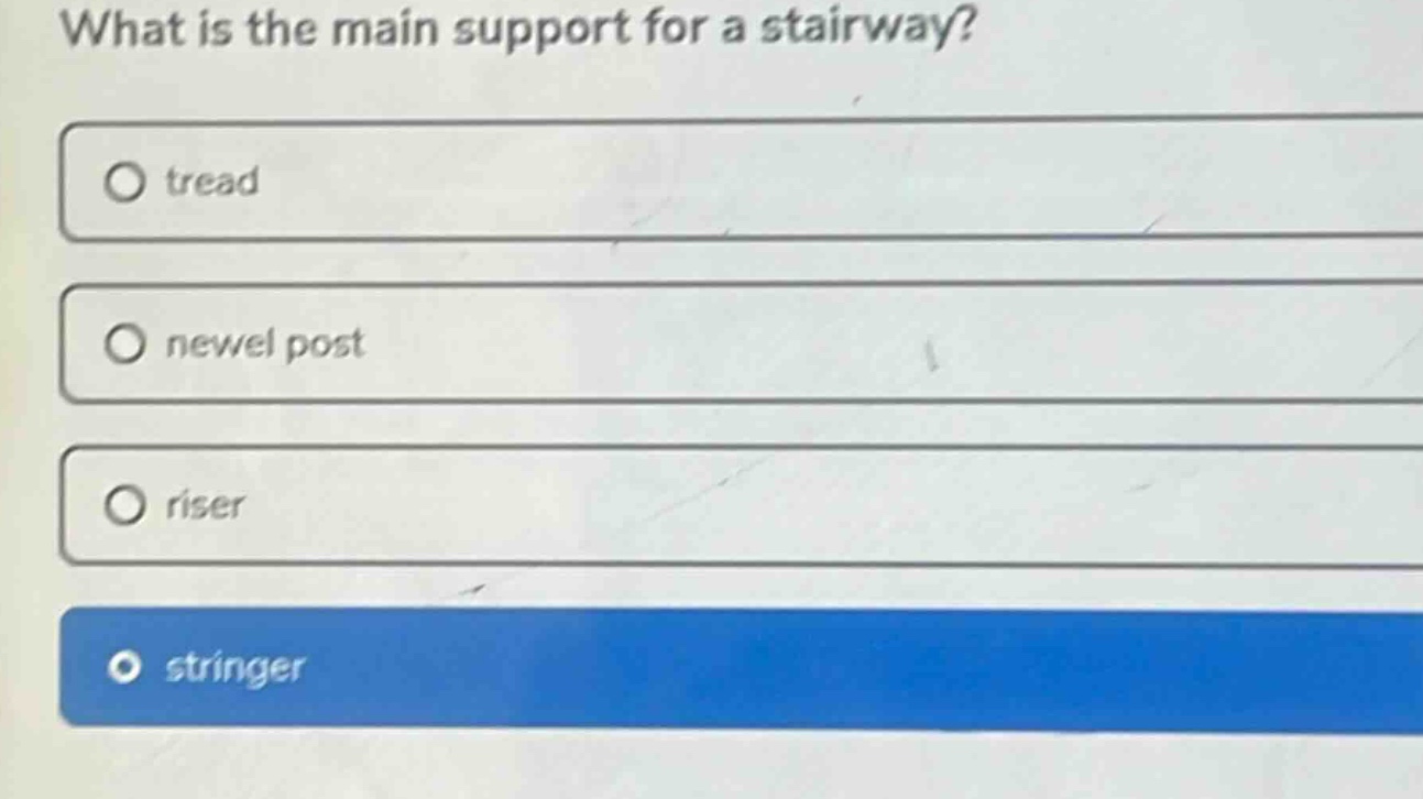 what is the main support for a stairway?\ntread\nnewel post\nriser\nstringer
