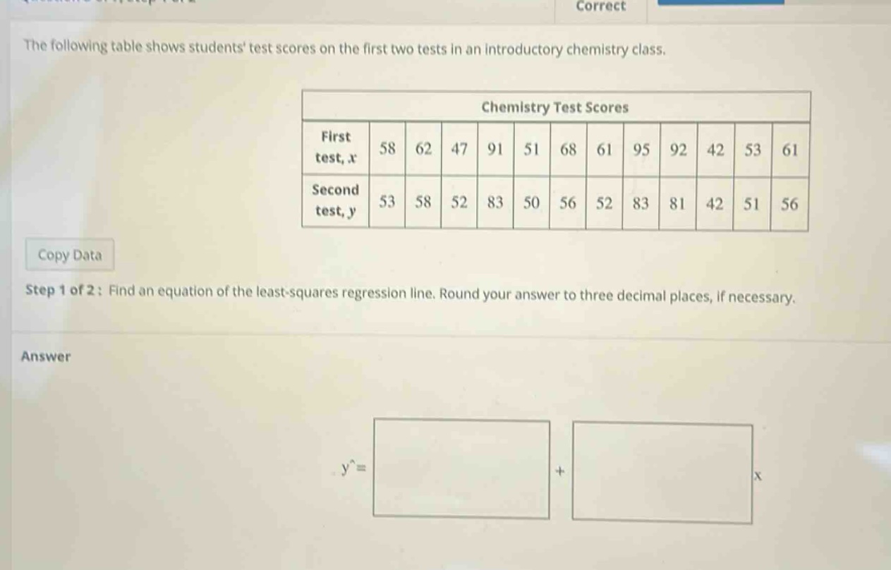 the following table shows students test scores on the first two tests in an introductory chemistry class.\nchemistry test scores\nfirst test, x: 58 62 47 91 51 68 61 95 92 42 53 61\nsecond test, y: 53 58 52 83 50 56 52 83 81 42 51 56\ncopy data\nstep 1 of 2: find an equation of the least - squares regression line. round your answer to three decimal places, if necessary.\nanswer\ny^ = + x