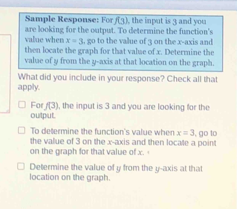 sample response: for f(3), the input is 3 and you are looking for the output. to determine the functions value when x = 3, go to the value of 3 on the x - axis and then locate the graph for that value of x. determine the value of y from the y - axis at that location on the graph. what did you include in your response? check all that apply. for f(3), the input is 3 and you are looking for the output. to determine the functions value when x = 3, go to the value of 3 on the x - axis and then locate a point on the graph for that value of x. determine the value of y from the y - axis at that location on the graph.