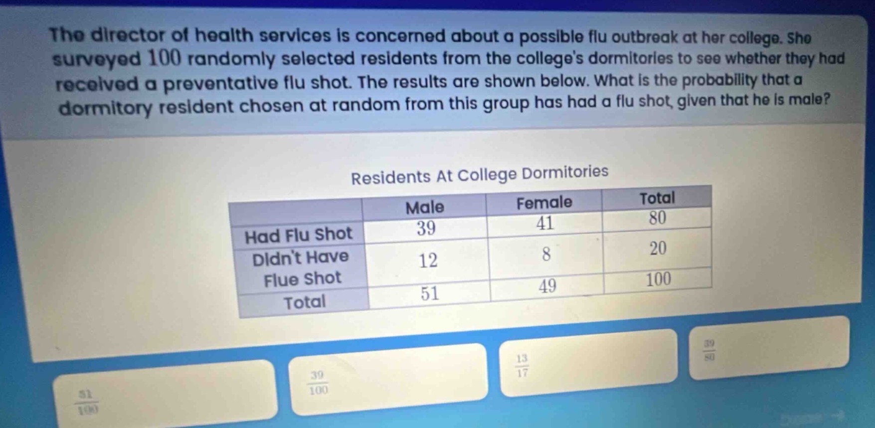 the director of health services is concerned about a possible flu outbreak at her college. she surveyed 100 randomly selected residents from the colleges dormitories to see whether they had received a preventative flu shot. the results are shown below. what is the probability that a dormitory resident chosen at random from this group has had a flu shot, given that he is male?\nresidents at college dormitories\n| | male | female | total |\n|--|--|--|--|\n| had flu shot | 39 | 41 | 80 |\n| didnt have flue shot | 12 | 8 | 20 |\n| total | 51 | 49 | 100 |