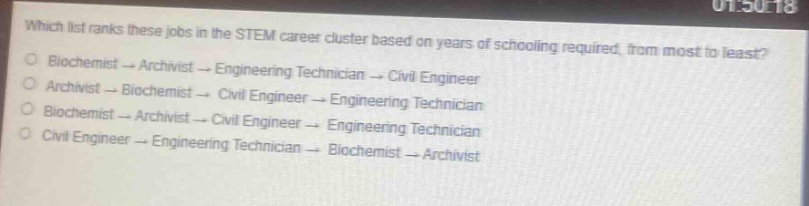 which list ranks these jobs in the stem career cluster based on years of schooling required, from most to least?\nbiochemist → archivist → engineering technician → civil engineer\narchivist → biochemist → civil engineer → engineering technician\nbiochemist → archivist → civil engineer → engineering technician\ncivil engineer → engineering technician → biochemist → archivist