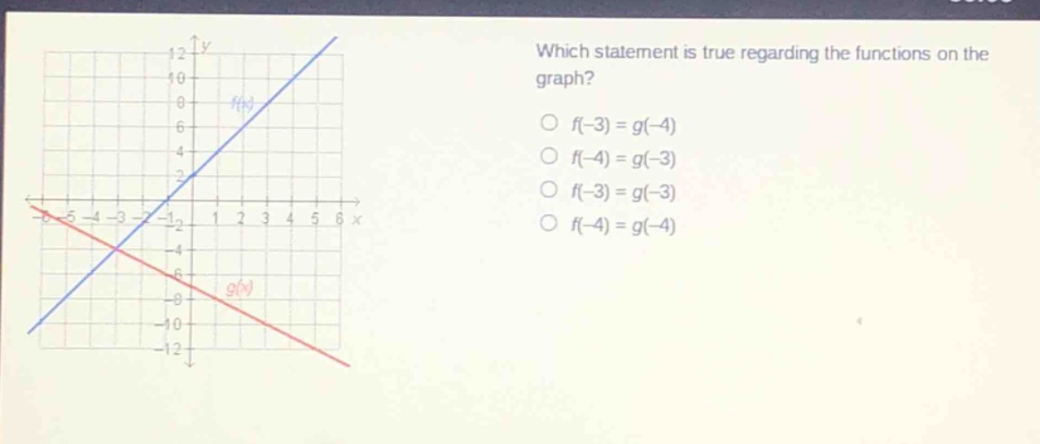 which statement is true regarding the functions on the graph?\no f(-3)=g(-4)\no f(-4)=g(-3)\no f(-3)=g(-3)\no f(-4)=g(-4)