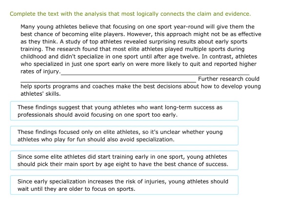 complete the text with the analysis that most logically connects the claim and evidence.\nmany young athletes believe that focusing on one sport year - round will give them the best chance of becoming elite players. however, this approach might not be as effective as they think. a study of top athletes revealed surprising results about early sports training. the research found that most elite athletes played multiple sports during childhood and didnt specialize in one sport until after age twelve. in contrast, athletes who specialized in just one sport early on were more likely to quit and reported higher rates of injury.\nfurther research could help sports programs and coaches make the best decisions about how to develop young athletes skills.\nthese findings suggest that young athletes who want long - term success as professionals should avoid focusing on one sport too early.\nthese findings focused only on elite athletes, so its unclear whether young athletes who play for fun should also avoid specialization.\nsince some elite athletes did start training early in one sport, young athletes should pick their main sport by age eight to have the best chance of success.\nsince early specialization increases the risk of injuries, young athletes should wait until they are older to focus on sports.
