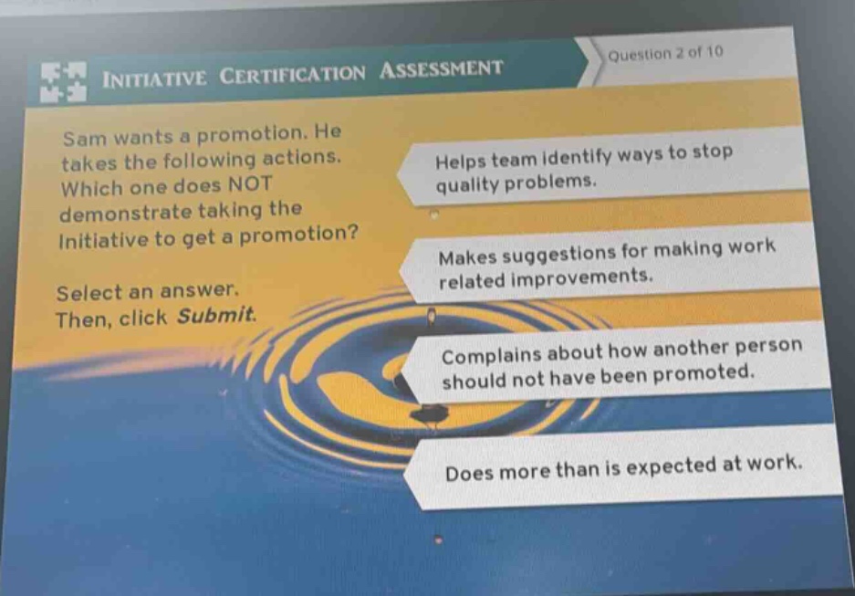 initiative certification assessment question 2 of 10 sam wants a promotion. he takes the following actions. which one does not demonstrate taking the initiative to get a promotion? select an answer. then, click submit. helps team identify ways to stop quality problems. makes suggestions for making work - related improvements. complains about how another person should not have been promoted. does more than is expected at work.