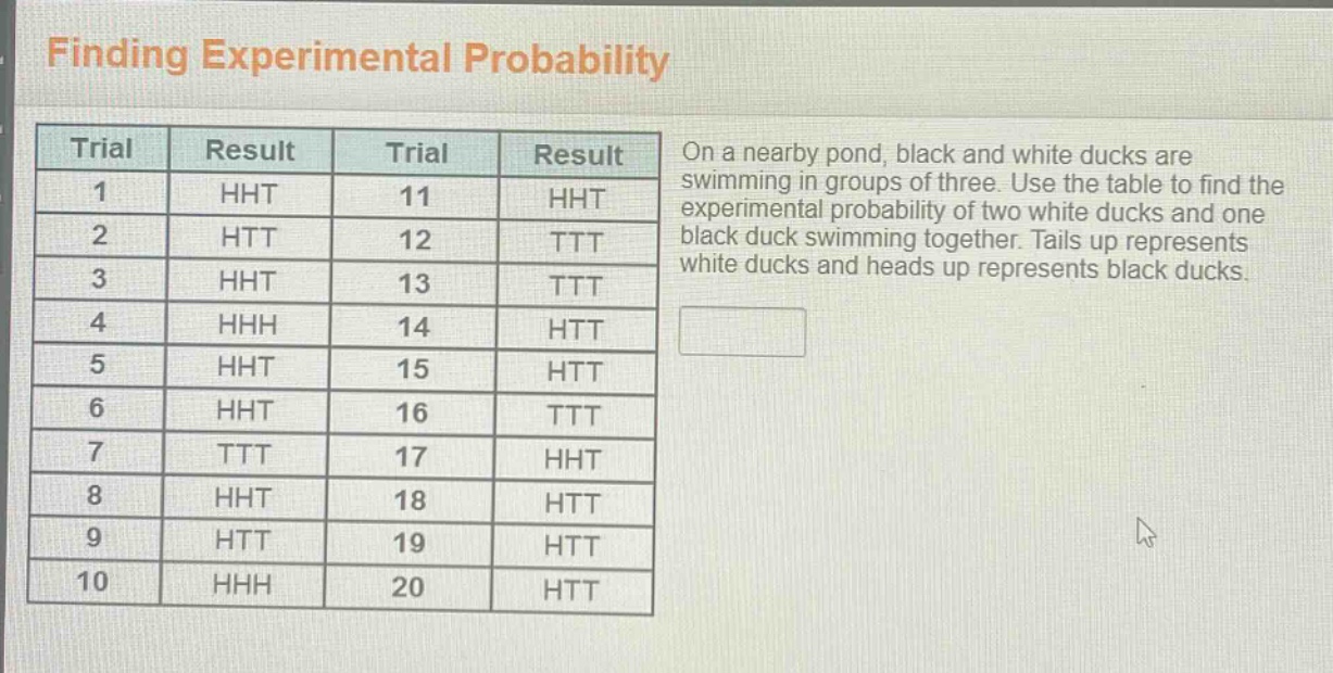 finding experimental probability\non a nearby pond, black and white ducks are swimming in groups of three. use the table to find the experimental probability of two white ducks and one black duck swimming together. tails up represents white ducks and heads up represents black ducks.\ntrial result trial result\n1 hht 11 hht\n2 htt 12 ttt\n3 hht 13 ttt\n4 hhh 14 htt\n5 hht 15 htt\n6 hht 16 ttt\n7 ttt 17 hht\n8 hht 18 htt\n9 htt 19 htt\n10 hhh 20 htt