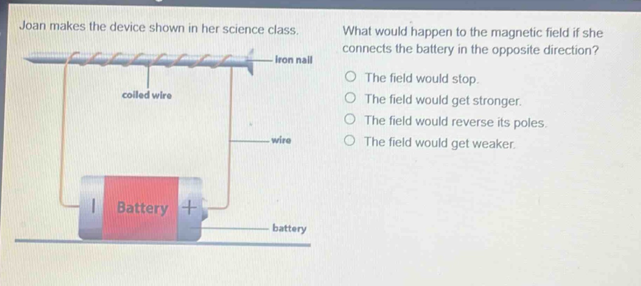 joan makes the device shown in her science class. what would happen to the magnetic field if she connects the battery in the opposite direction? iron nail coiled wire wire battery battery the field would stop. the field would get stronger. the field would reverse its poles. the field would get weaker.