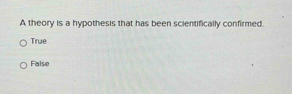 a theory is a hypothesis that has been scientifically confirmed.\ntrue\nfalse