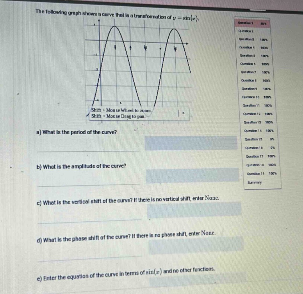 the following graph shows a curve that is a transformation of $y = \\sin(x)$. a) what is the period of the curve? b) what is the amplitude of the curve? c) what is the vertical shift of the curve? if there is no vertical shift, enter none. d) what is the phase shift of the curve? if there is no phase shift, enter none. e) enter the equation of the curve in terms of $\\sin(x)$ and no other functions.