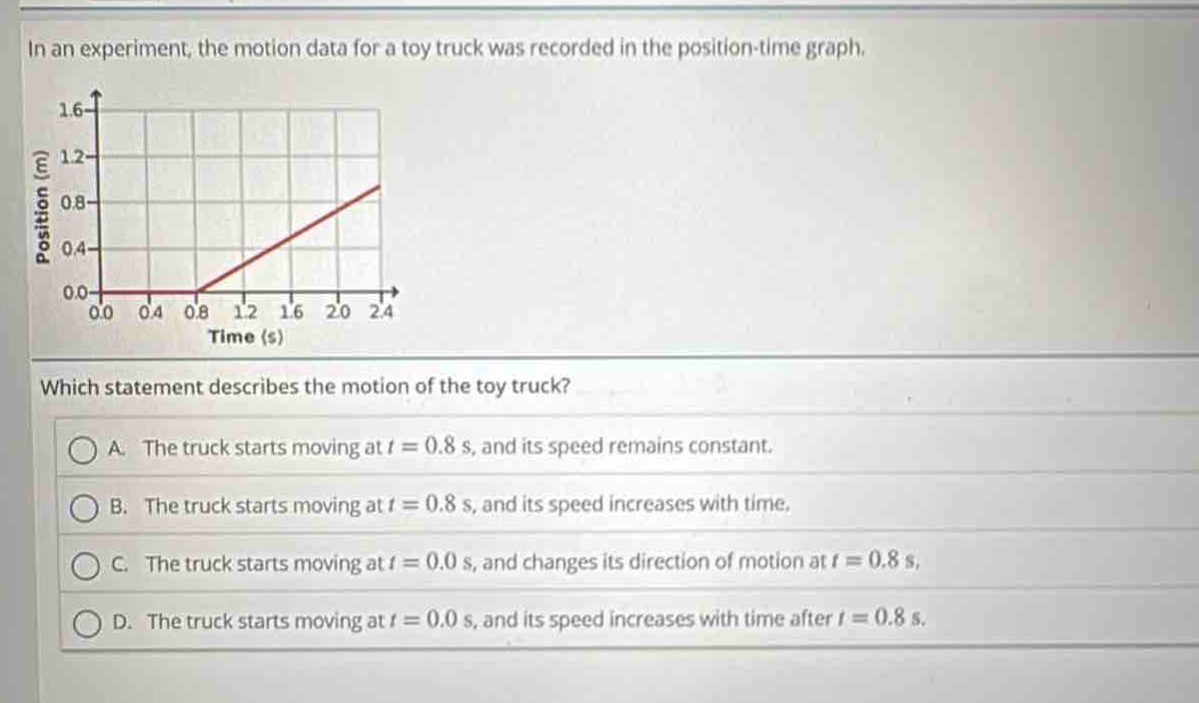 in an experiment, the motion data for a toy truck was recorded in the position - time graph. which statement describes the motion of the toy truck? a. the truck starts moving at t = 0.8 s, and its speed remains constant. b. the truck starts moving at t = 0.8 s, and its speed increases with time. c. the truck starts moving at t = 0.0 s, and changes its direction of motion at t = 0.8 s. d. the truck starts moving at t = 0.0 s, and its speed increases with time after t = 0.8 s.