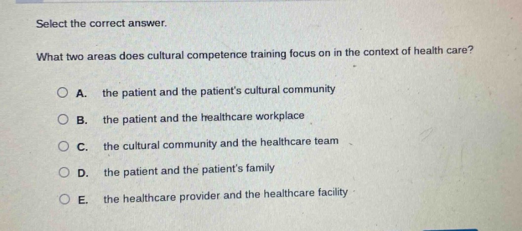 select the correct answer. what two areas does cultural competence training focus on in the context of health care? a. the patient and the patients cultural community b. the patient and the healthcare workplace c. the cultural community and the healthcare team d. the patient and the patients family e. the healthcare provider and the healthcare facility