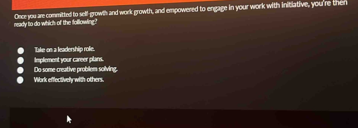 once you are committed to self - growth and work growth, and empowered to engage in your work with initiative, youre then ready to do which of the following?\ntake on a leadership role.\nimplement your career plans.\ndo some creative problem solving.\nwork effectively with others.