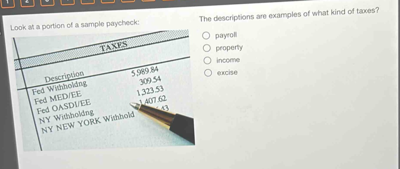look at a portion of a sample paycheck: the descriptions are examples of what kind of taxes? payroll property income excise description 5,989.84 309.54 fed withholding 1,323.53 fed med/ee 1,407.62 fed oasdi/ee ny withholding ny new york withhold