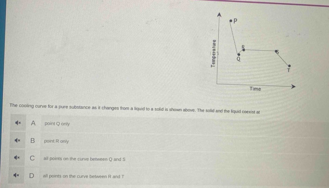 the cooling curve for a pure substance as it changes from a liquid to a solid is shown above. the solid and the liquid coexist at\na point q only\nb point r only\nc all points on the curve between q and s\nd all points on the curve between r and t