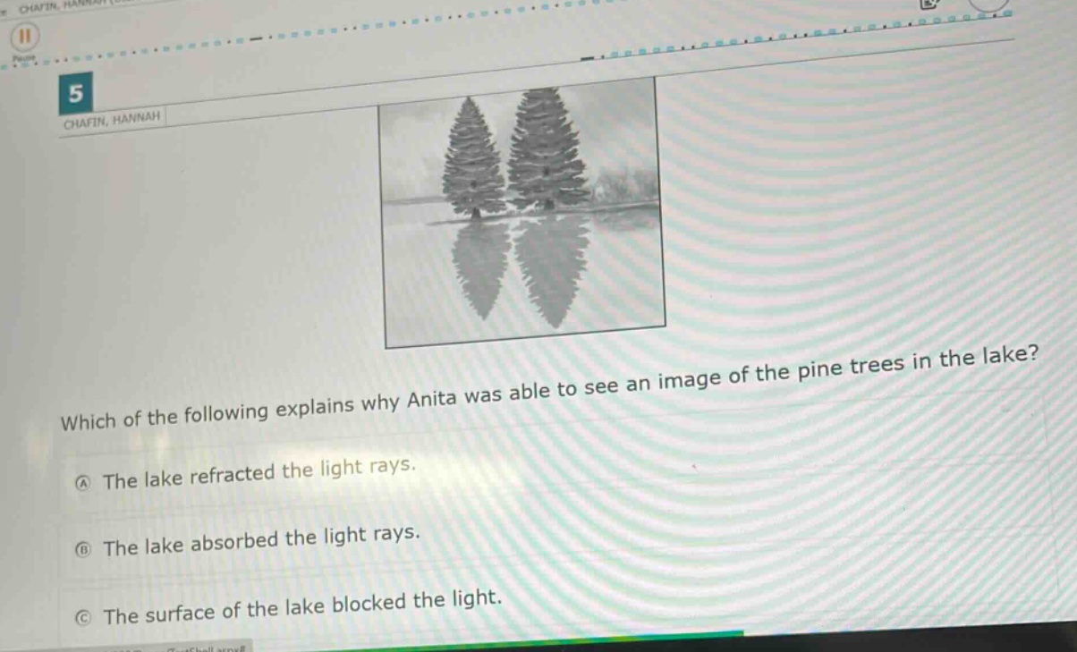 which of the following explains why anita was able to see an image of the pine trees in the lake?\na the lake refracted the light rays.\nb the lake absorbed the light rays.\nc the surface of the lake blocked the light.