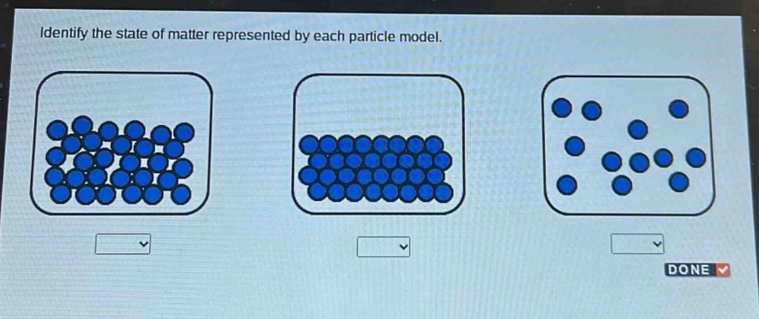 identify the state of matter represented by each particle model.
