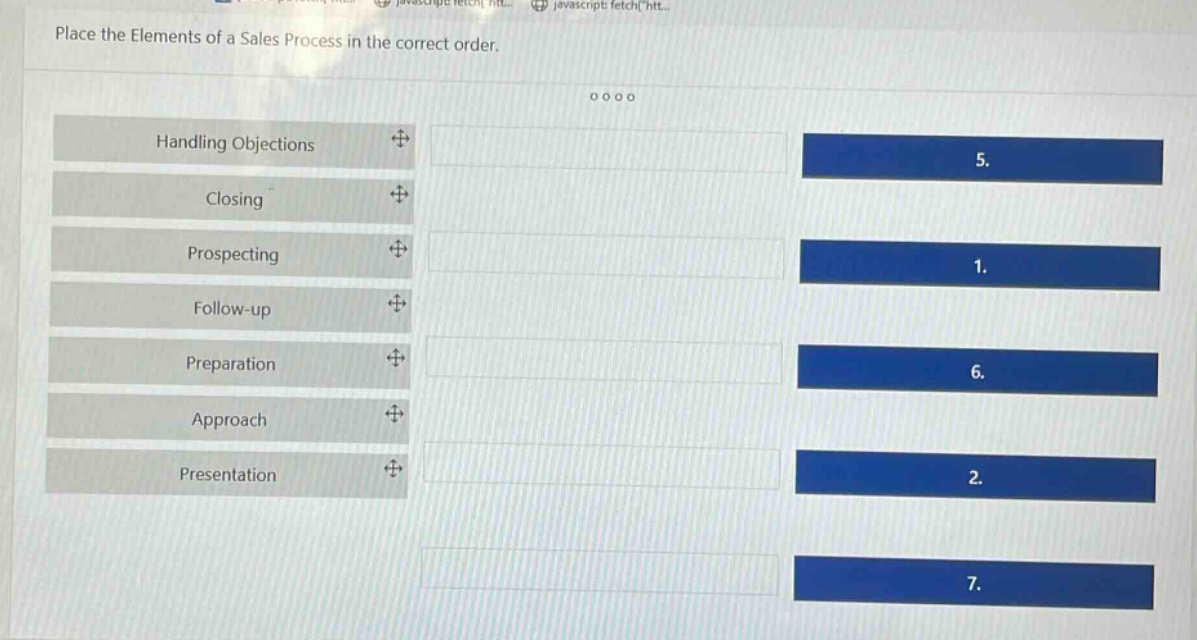 place the elements of a sales process in the correct order.\nhandling objections\nclosing\nprospecting\nfollow - up\npreparation\napproach\npresentation