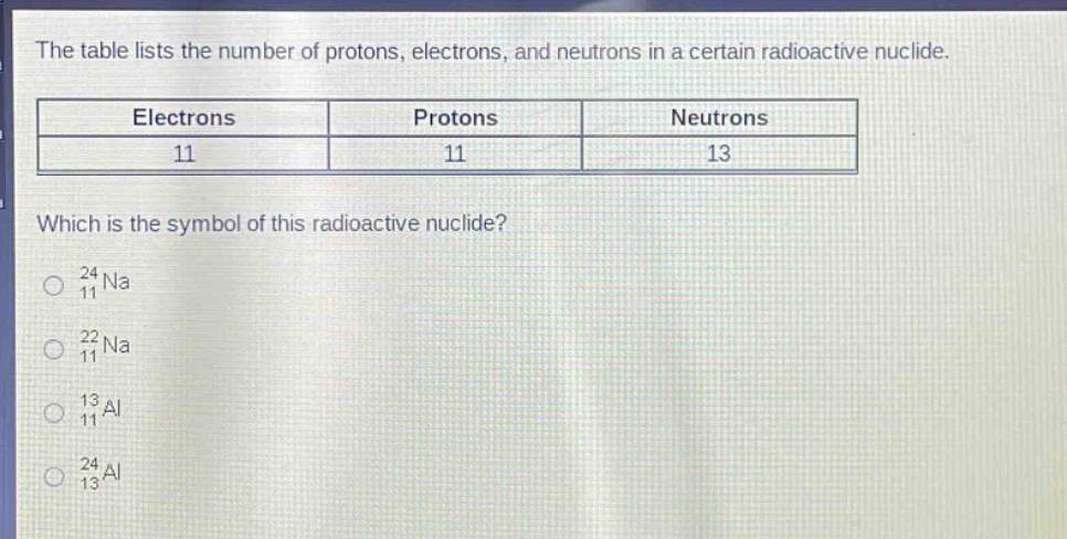 the table lists the number of protons, electrons, and neutrons in a certain radioactive nuclide.\n| electrons | protons | neutrons |\n| ---- | ---- | ---- |\n| 11 | 11 | 13 |\nwhich is the symbol of this radioactive nuclide?\n$_{11}^{24}na$\n$_{11}^{22}na$\n$_{11}^{13}al$\n$_{13}^{24}al$