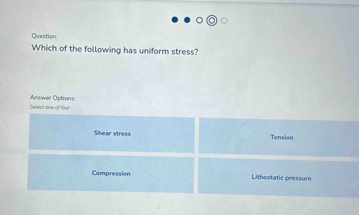 question: which of the following has uniform stress? answer options: select one of four shear stress tension compression lithostatic pressure