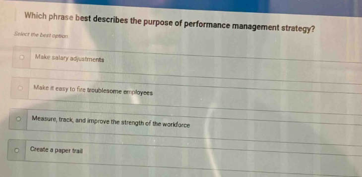 which phrase best describes the purpose of performance management strategy? select the best option\nmake salary adjustments\nmake it easy to fire troublesome employees\nmeasure, track, and improve the strength of the workforce\ncreate a paper trail