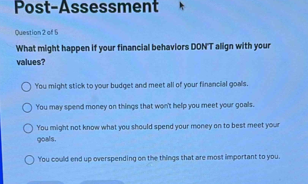post - assessment\nquestion 2 of 5\nwhat might happen if your financial behaviors dont align with your values?\nyou might stick to your budget and meet all of your financial goals.\nyou may spend money on things that wont help you meet your goals.\nyou might not know what you should spend your money on to best meet your goals.\nyou could end up overspending on the things that are most important to you.